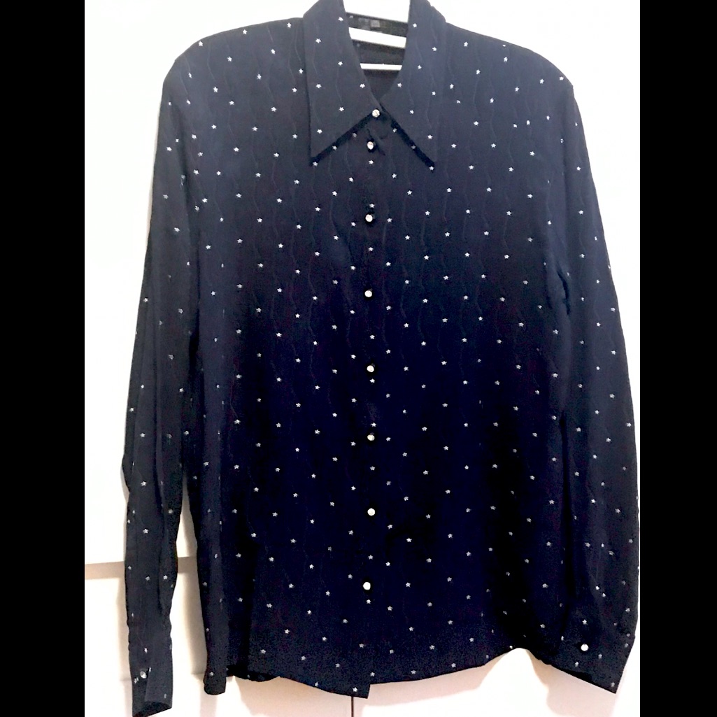 Escada By Margaretta Silk Navy Blue W/Gold Stars Print Blouse Size 36 Gorgeous!!